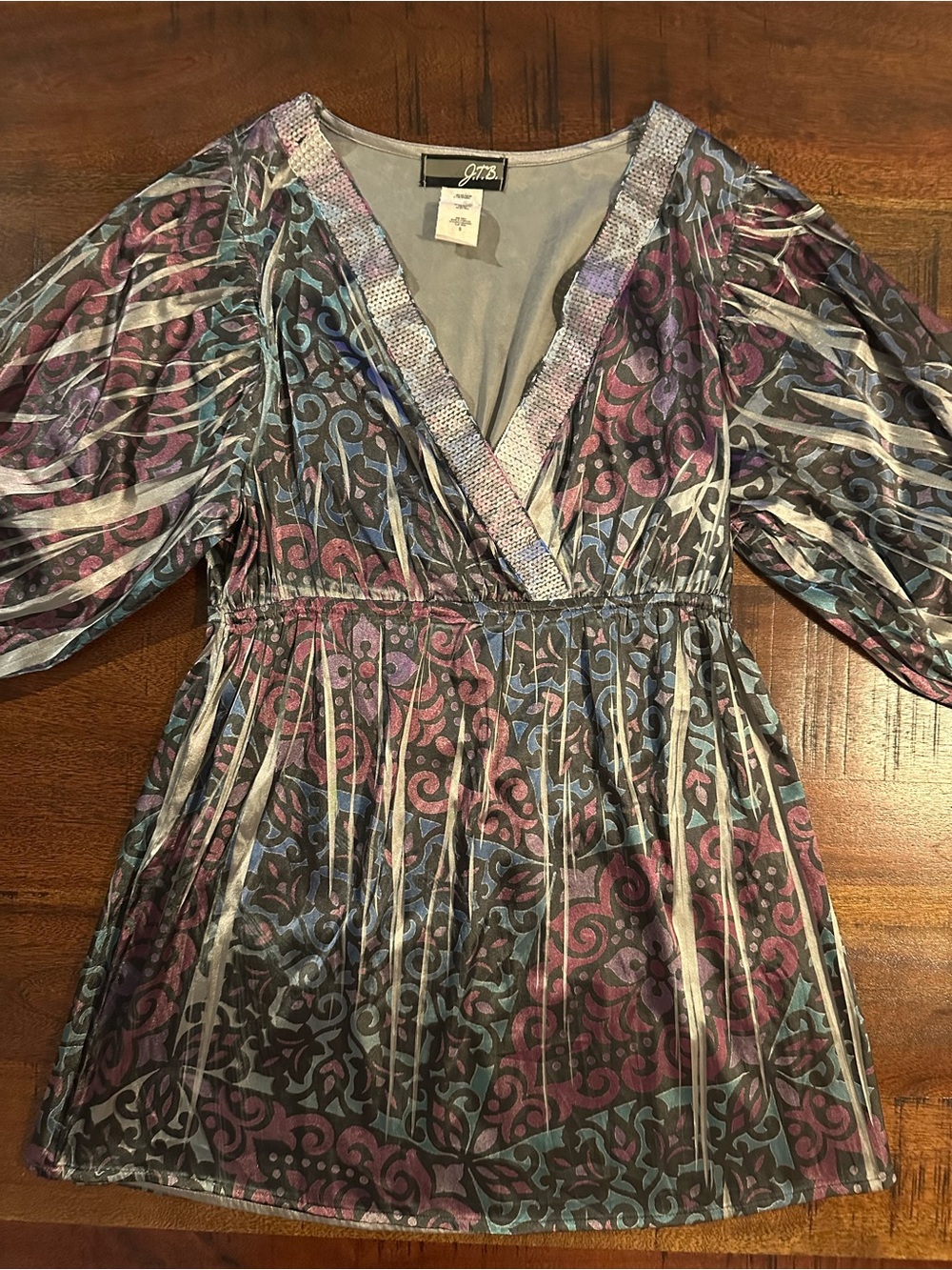 J.T.B. V-neck Sheer Printed Tunic - Purple, Blue, Silver